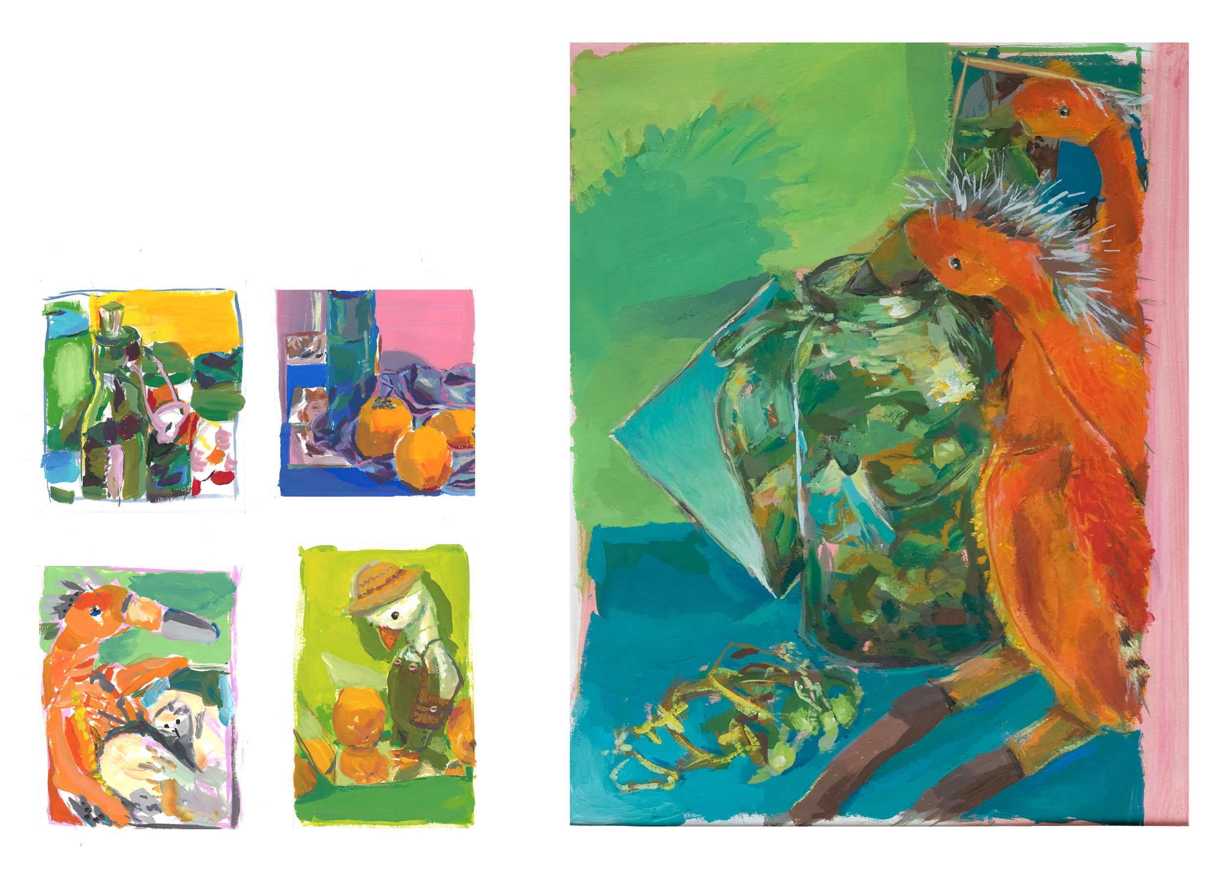 (2024, SfG Basel, Farbe Bild), Stillleben Gouache; Malerische Skizzen und «Oscar und die grünen Tomaten» Malerei