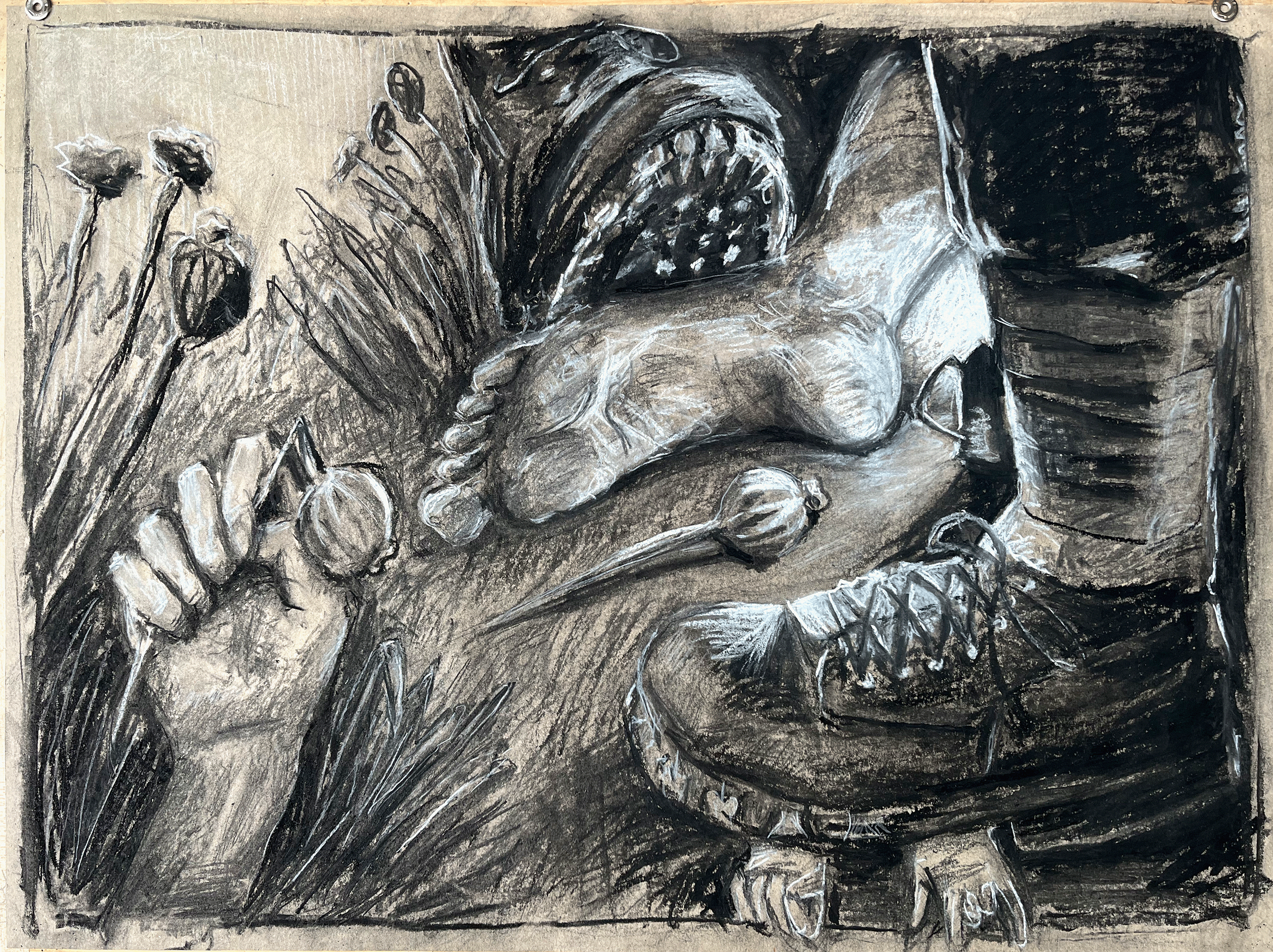 (2025, SfG Basel, Zeichnen), Kohle und Pastellkreide; «Inszenierung Gewaltszene» Zeichnung