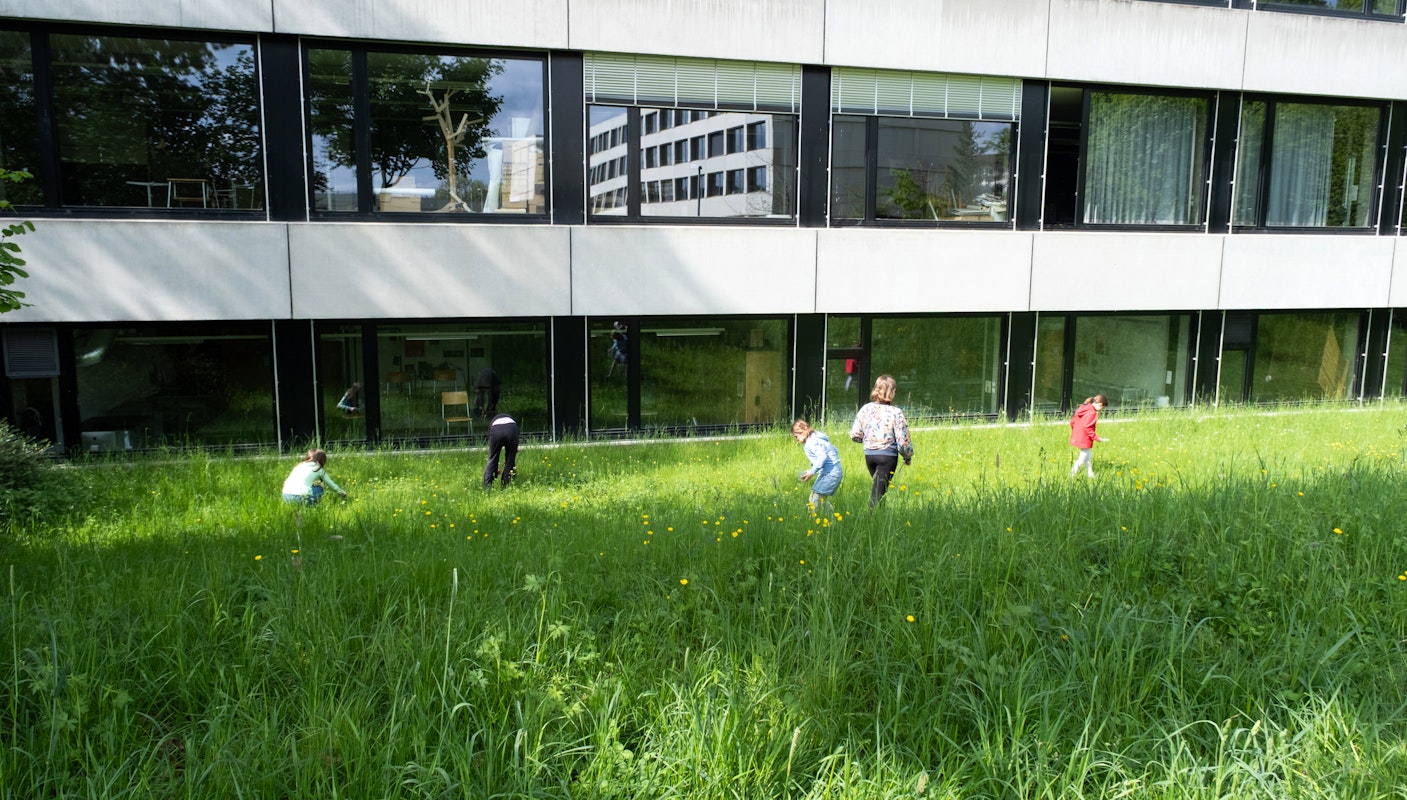 Auf der Wiese vor einem Gebäude sind ein paar Kinder unterwegs und sammeln Blumen.  Szene aus dem Workshop «Experimenteller Siebdruck», Frühlingssemester 2025