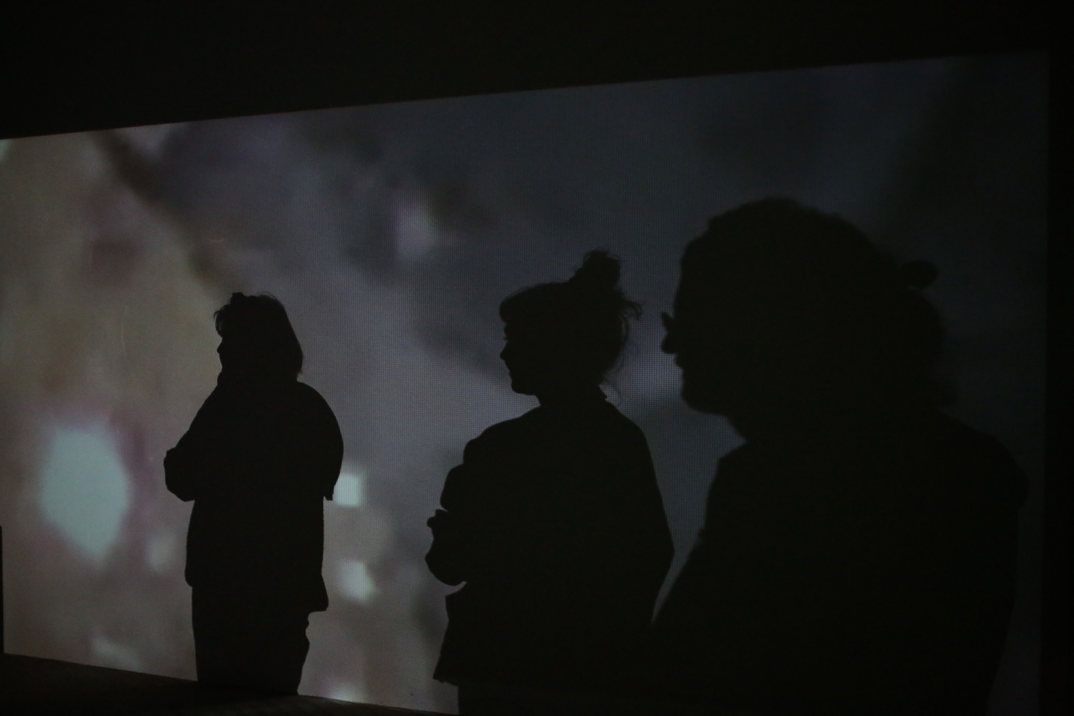 Silhouetten von Menschen vor einem grossen Screen