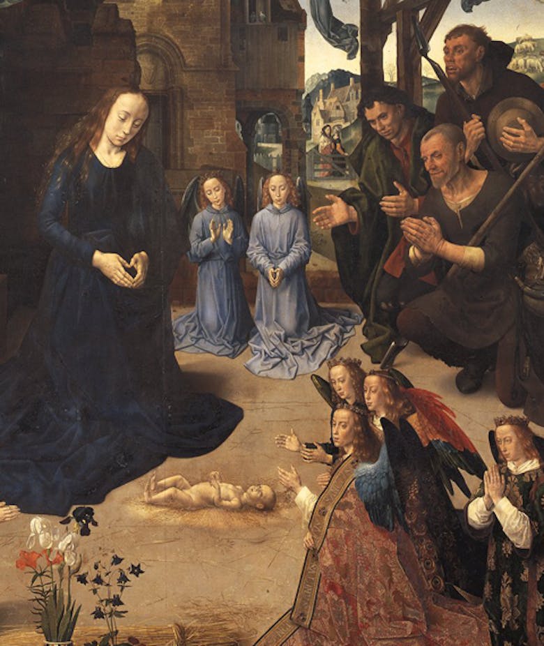 Adorazione dei pastori con angeli e i santi Tommaso, Antonio abate, Margherita, Maria Maddalena e la famiglia Portinari (recto); Annunciazione (verso)