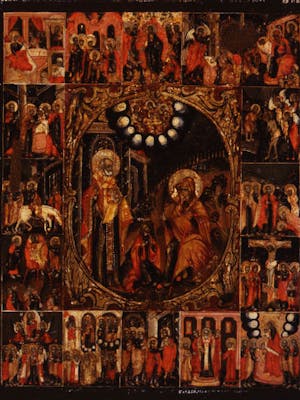 Icona "Apparizione della Madre di Dio e di san Nicola al sacrestano Juryš, con scene delle festività"