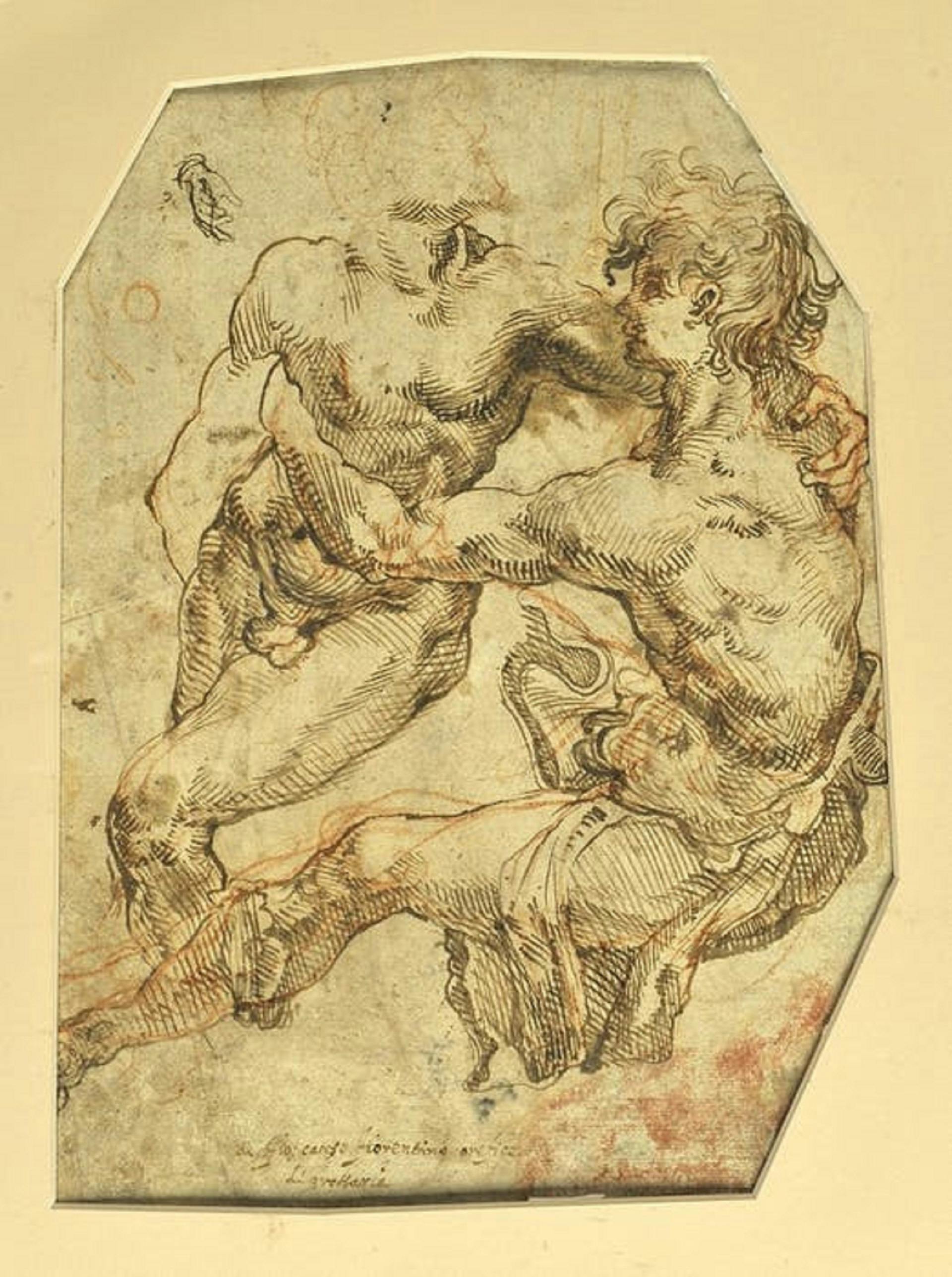 Figura maschile con libro; studio parziale di ornato vegetale (recto). Due figure maschili abbracciate; studio di mano (verso)