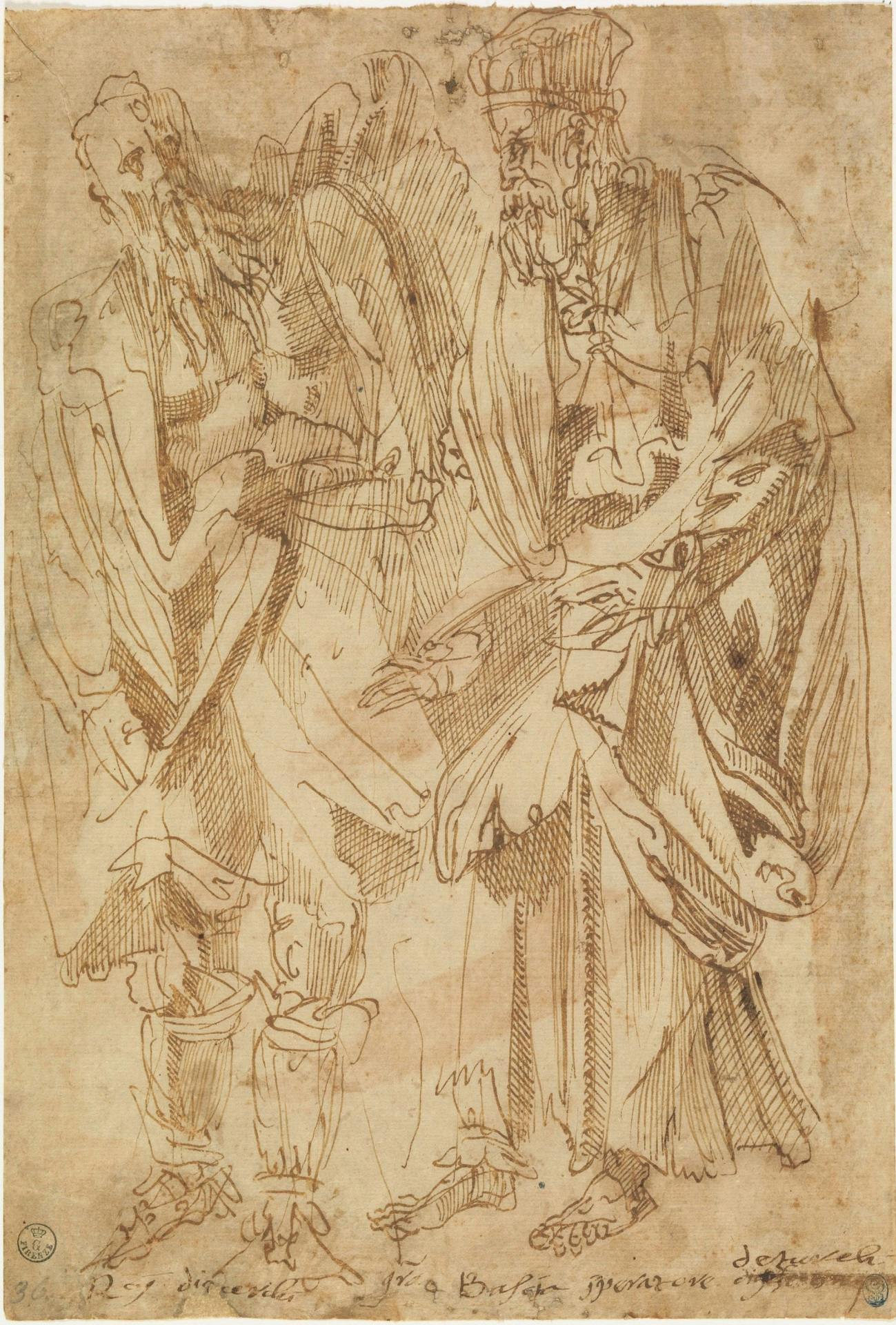 Two male figures, standing, dressed in the old style