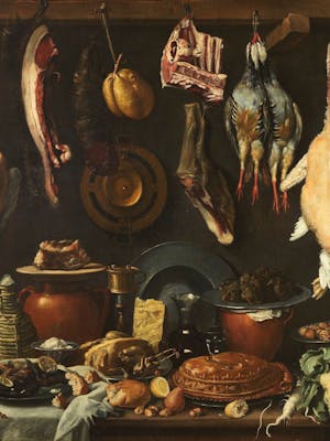 Pantry with cask, game, meat and pottery