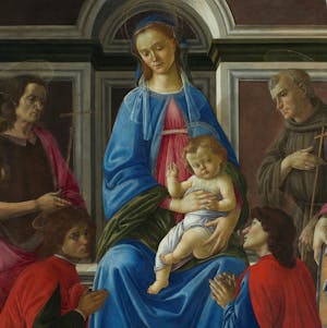 Virgin and Child enthroned with the saints Mary Magdalene, John the Baptist, Francis of Assisi, Catherine of Alexandria, Cosmas and Damian