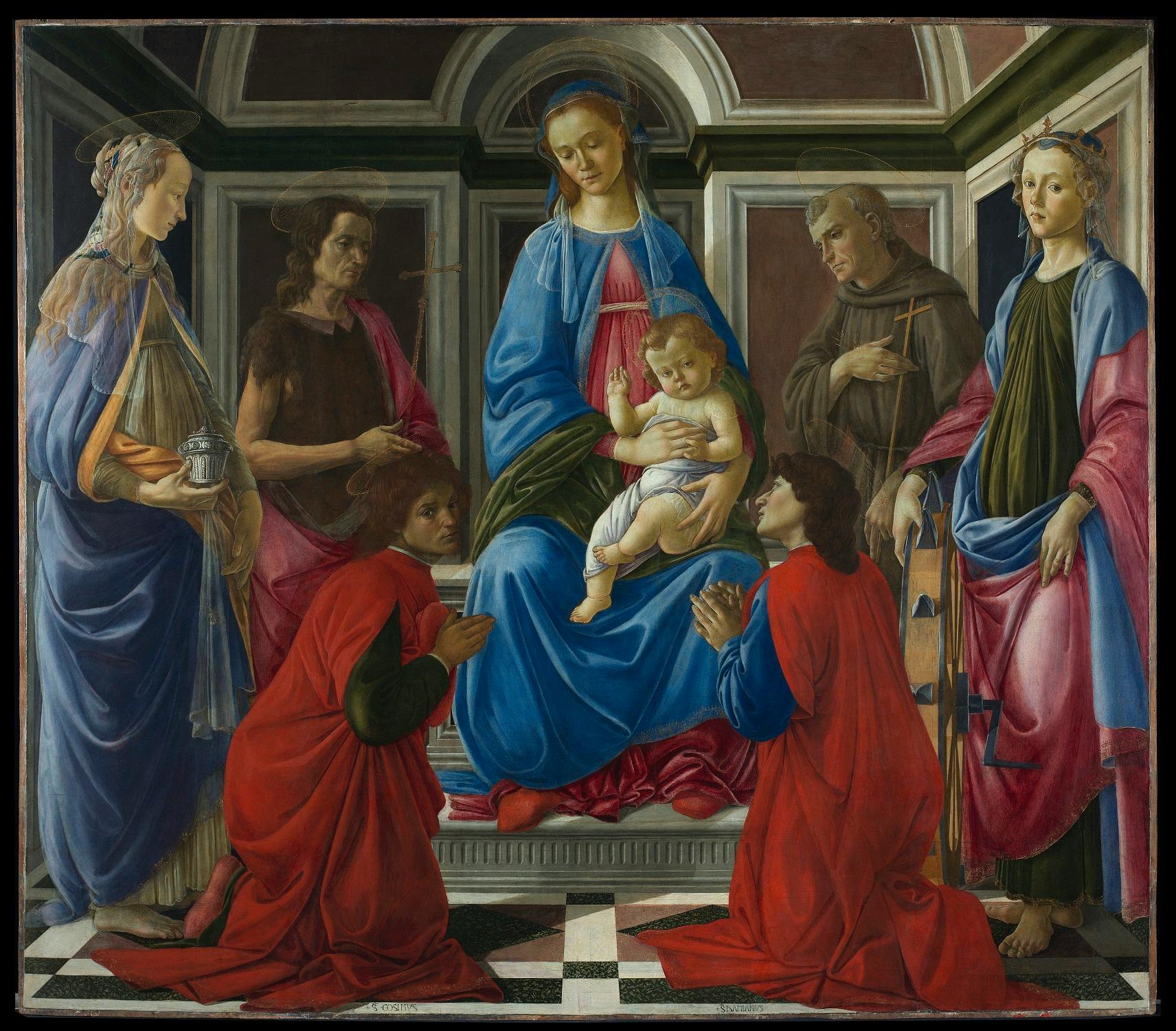 Virgin and Child enthroned with the saints Mary Magdalene, John the Baptist, Francis of Assisi, Catherine of Alexandria, Cosmas and Damian