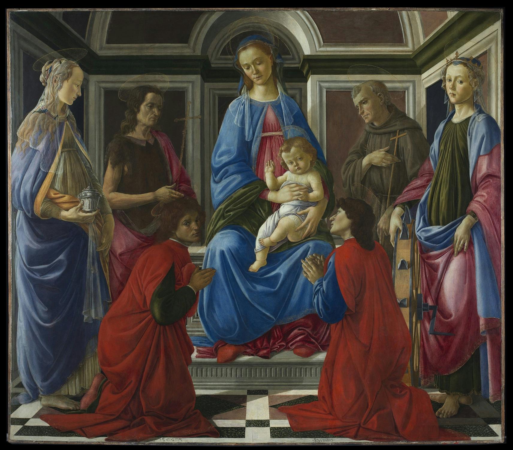 Virgin and Child enthroned with the saints Mary Magdalene, John the Baptist, Francis of Assisi, Catherine of Alexandria, Cosmas and Damian