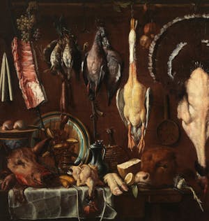 Pantry with pig’s head and trotter, calf’s head, turkey, poultry and other food