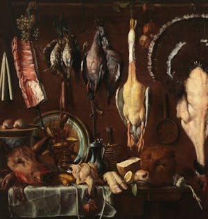 Dispensa con testa e piede di porco, testa di vitello tacchino, pollame e altre vivande
