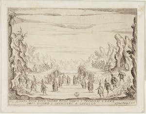 La Liberazione di Ruggiero dall’isola di Alcina. Quarta muta dove escono dalle grott[e] i cavalieri e dame. Dopo escono i cavalieri a cavallo