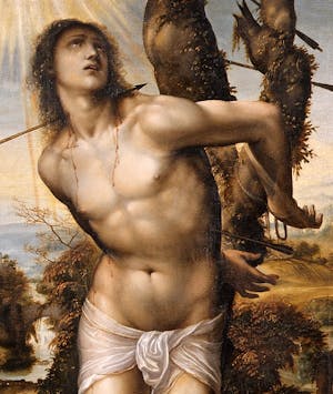 Stendardo di San Sebastiano. Martirio di San Sebastiano (recto); Madonna con Bambino in gloria San Sigismondo, San Rocco, Madonna e membri della confraternita di San Sebastiano (verso)