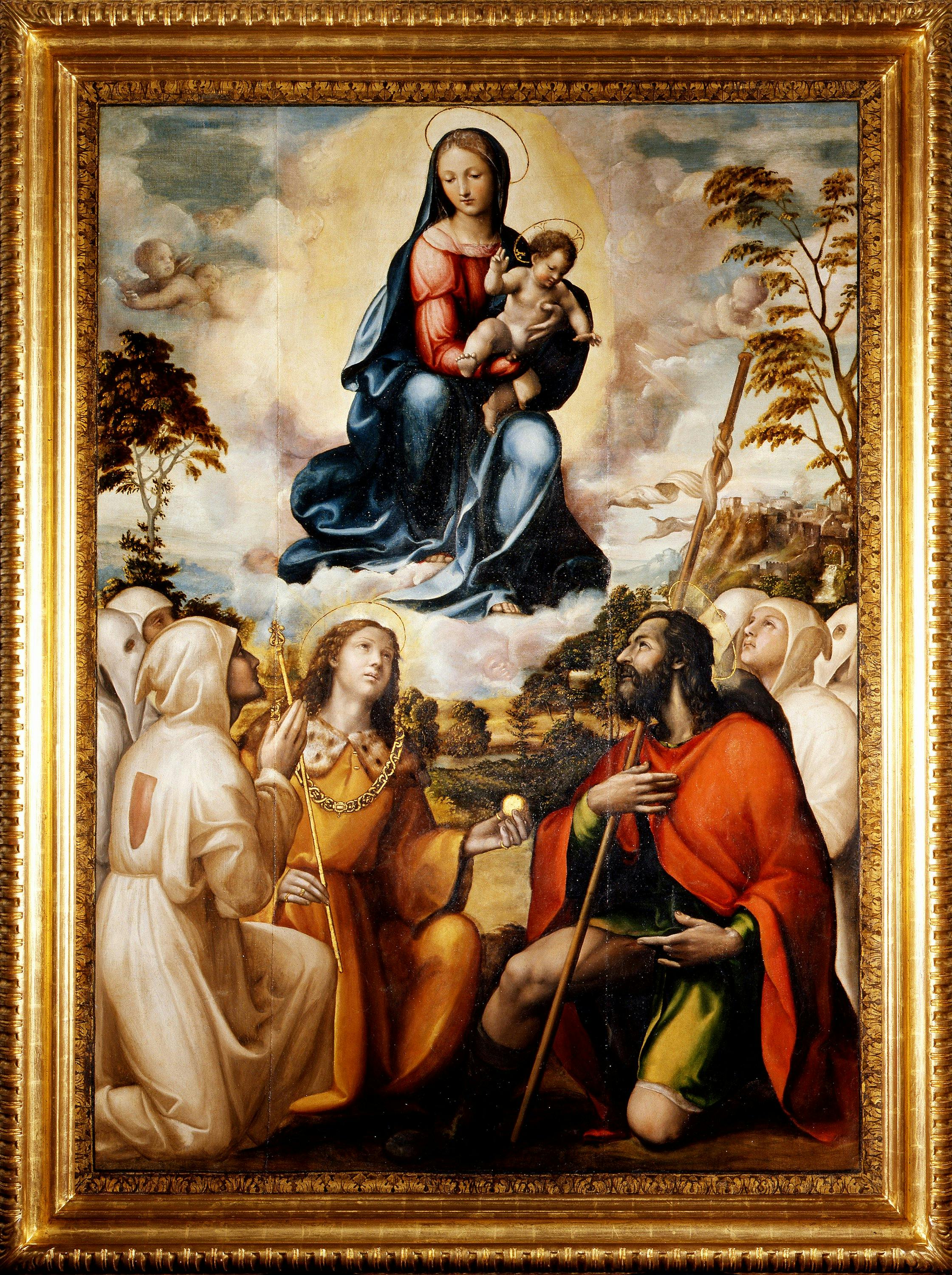 Stendardo di San Sebastiano. Martirio di San Sebastiano (recto); Madonna con Bambino in gloria San Sigismondo, San Rocco, Madonna e membri della confraternita di San Sebastiano (verso)