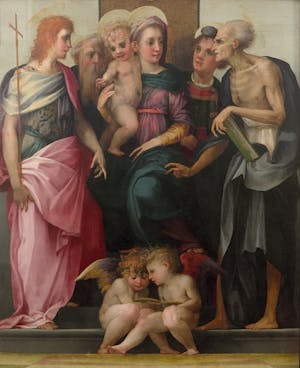 Enthroned Madonna and Child with four saints