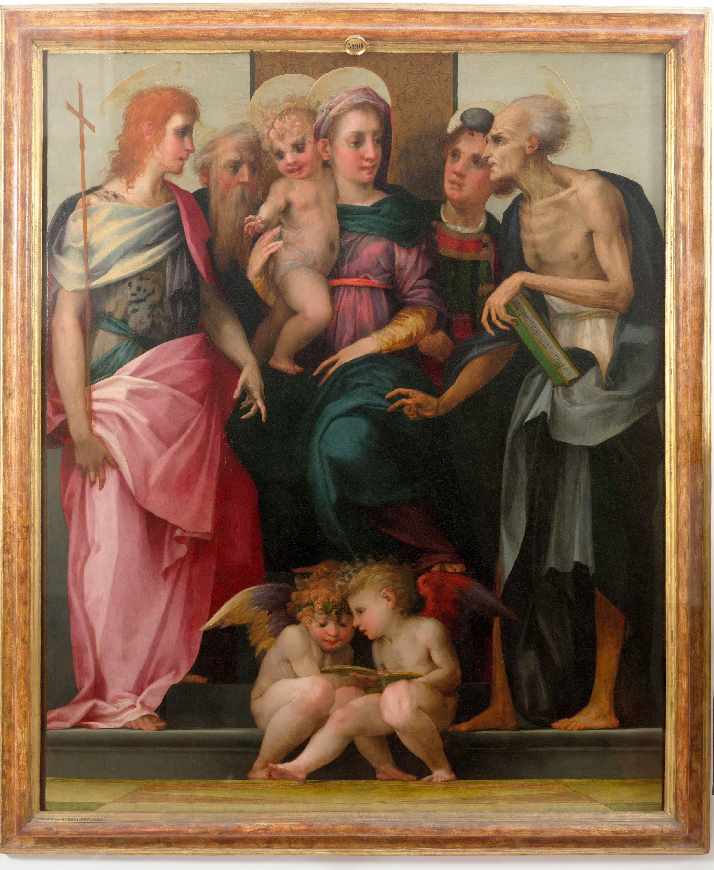 Enthroned Madonna and Child with four saints