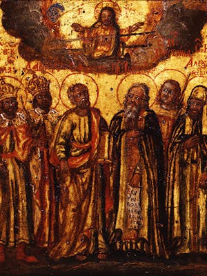 Icona 'I santi Pietro, Isacco Dalmata, Boris, Gleb, Cristina e Aleksandr Nevskij'