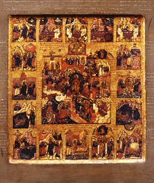 Resurrection of Christ and Descent into Hell, with sixteen scenes of Christ's post-mortem stories