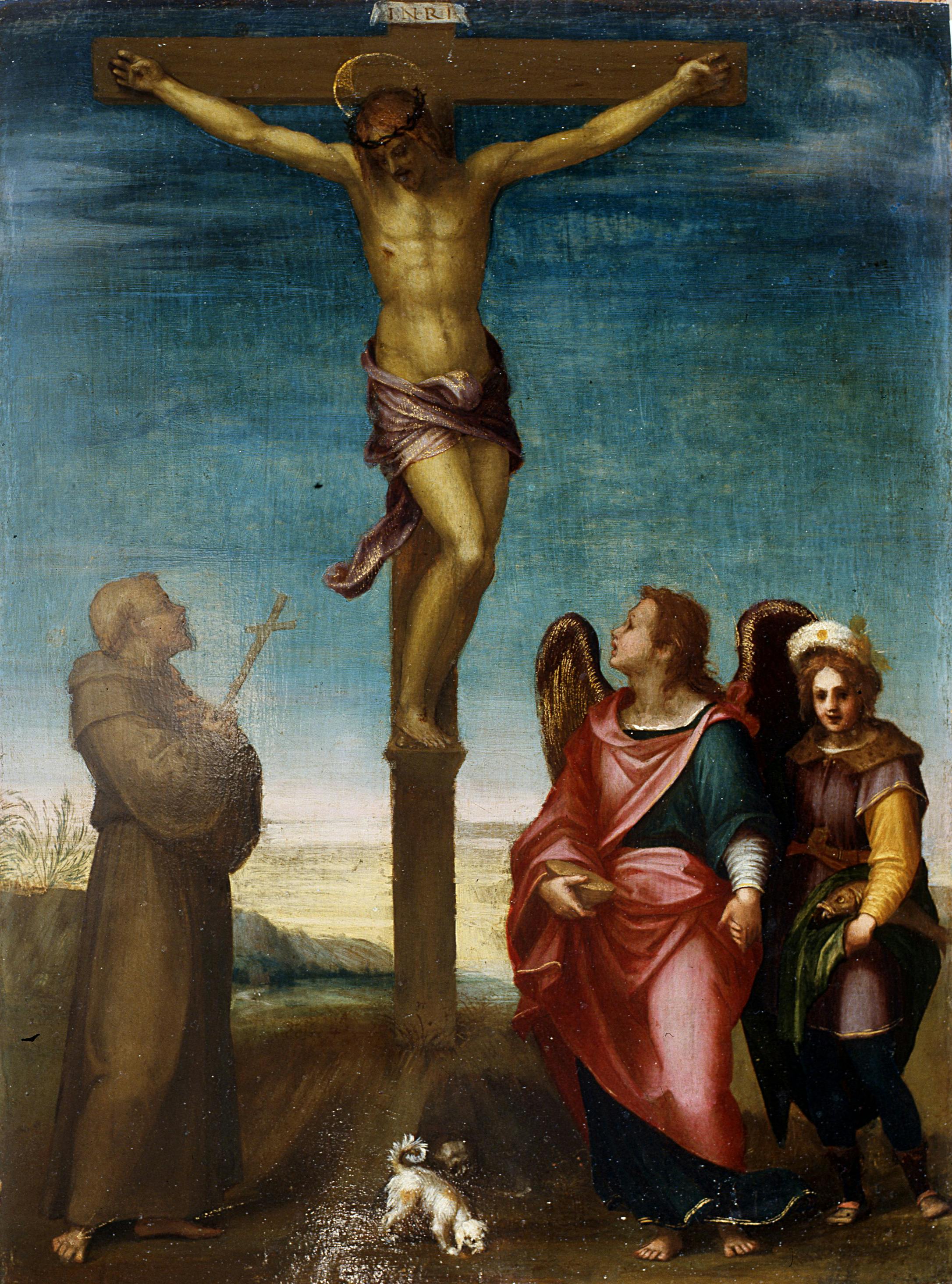 Crocifisso con San Francesco, l’Arcangelo Raffaele e Tobiolo