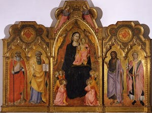 Virgin and Child with ten angels and the Saints Benedict, Peter, John the Baptist and Miniatus