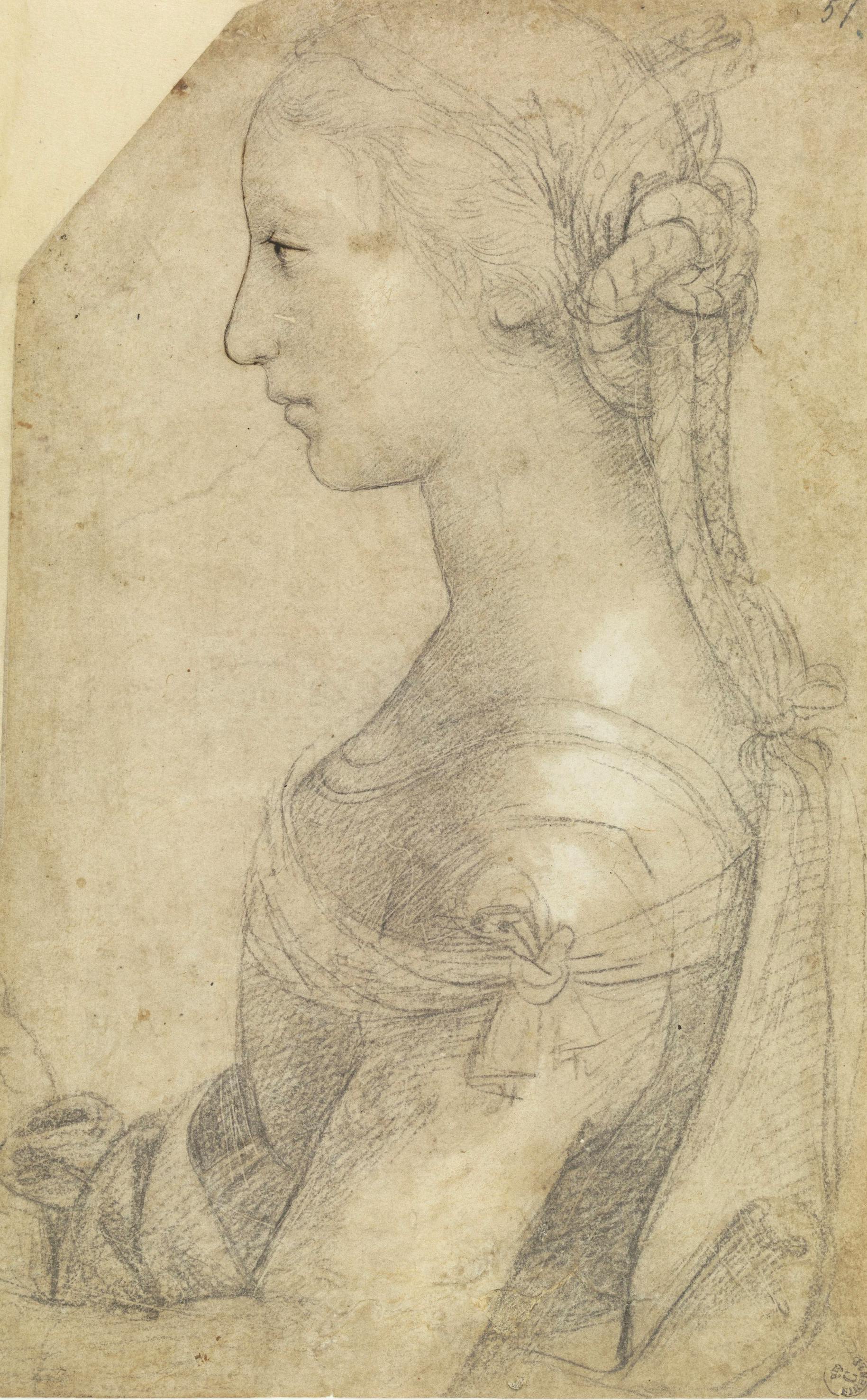 Half-length portrait of a young woman in profile