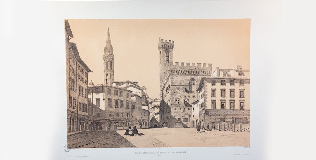 Demidoff – Piazza San Firenze and the palace called “Bargello” (from Anatoly Demidoff, La Toscane. Album monumental et pittoresque, 1862)