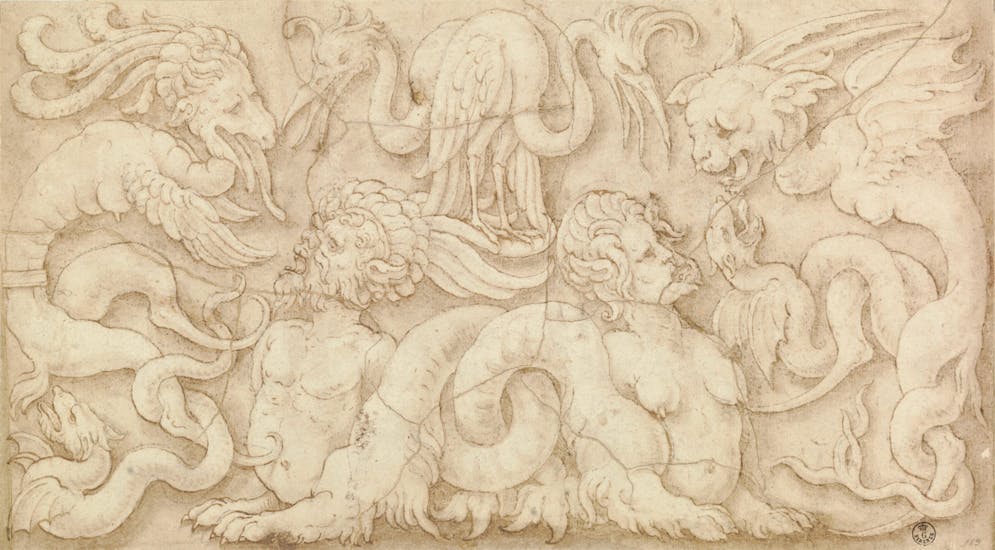 Fregio con tritoni, cicogne e due coppie di animali mostruosi