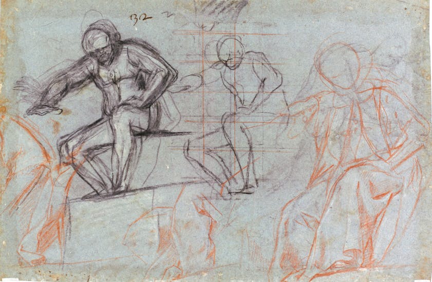 Three Studies of a Sitting Figure and Drapery Sketches