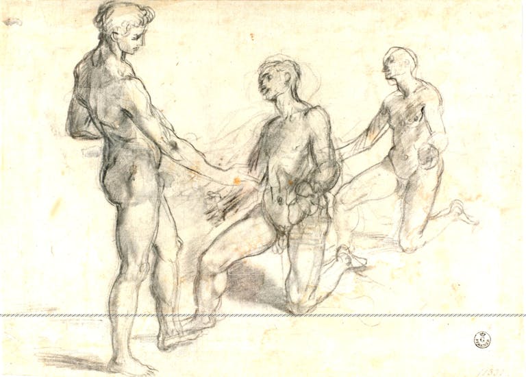 One Study of a Standing Nude Male Figure and Two Studies of a Kneeling Nude Male Figure