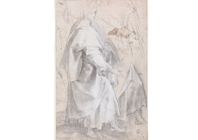 Cloaked Male Figure and Studies of His Left Leg; Drapery Studies