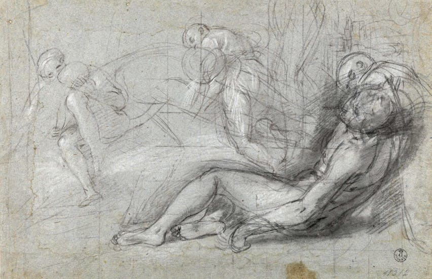 Three Studies with One Figure Supporting Another; Figure Sketch and Landscape Sketch