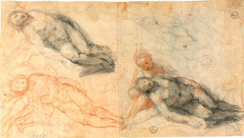 Three Studies of One Figure Supporting Another and a Figure Sketch