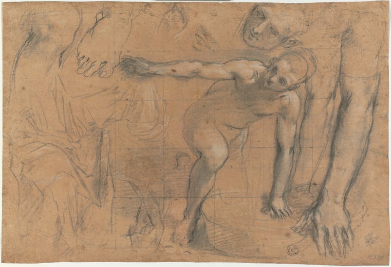 Kneeling Male Figure and Studies of his Right Foot, Arms, Head and Drapery