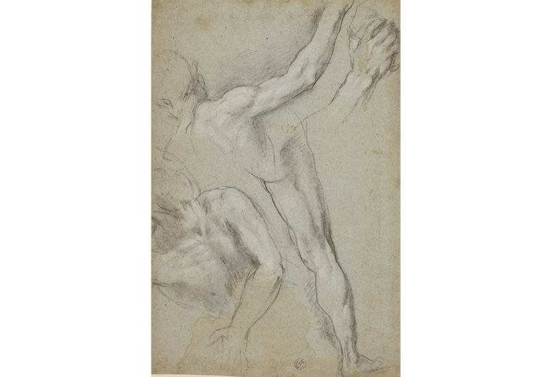 Partial Study of Two Nude Male Figures, One with Raised Arm, the Other on the Ground and Leg and Arm Studies of the First One