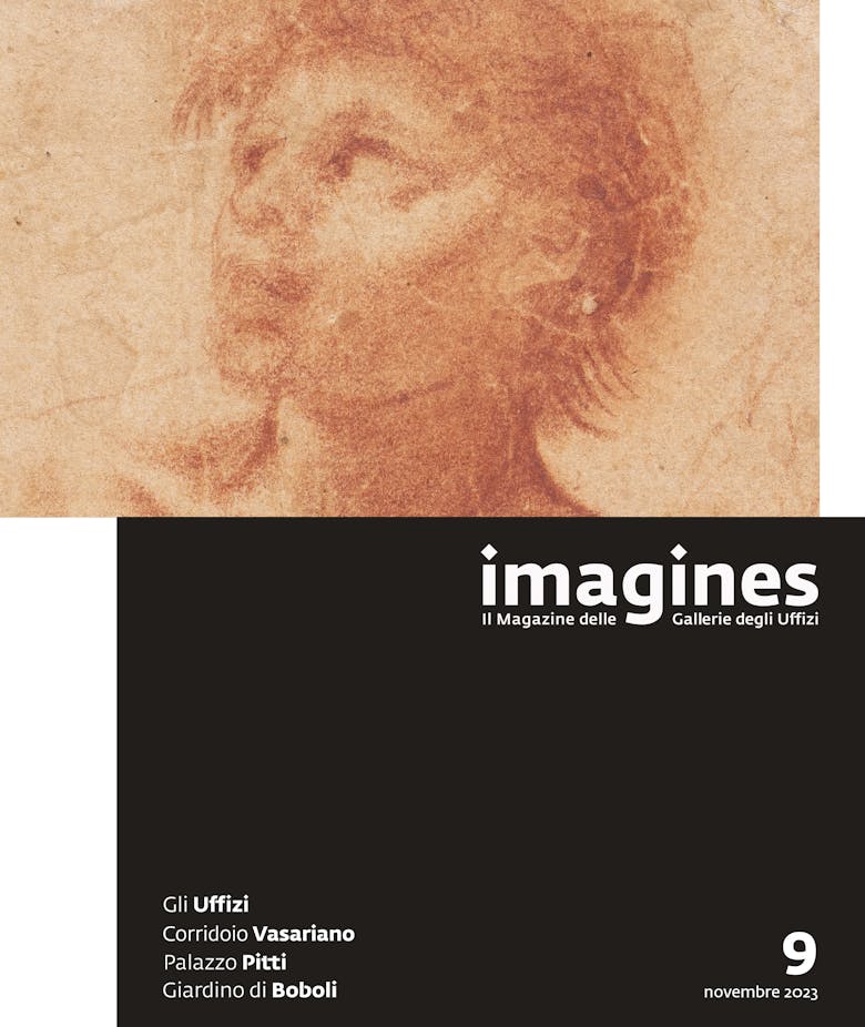A sepia-toned sketch of a person's side profile is displayed above, with text on the lower half referencing the "imagines" magazine from Gallerie degli Uffizi, including mentions of Gil Uffizi, Corridoio Vasariano, Palazzo Pitti, and Giardino di Boboli, dated November 2023.