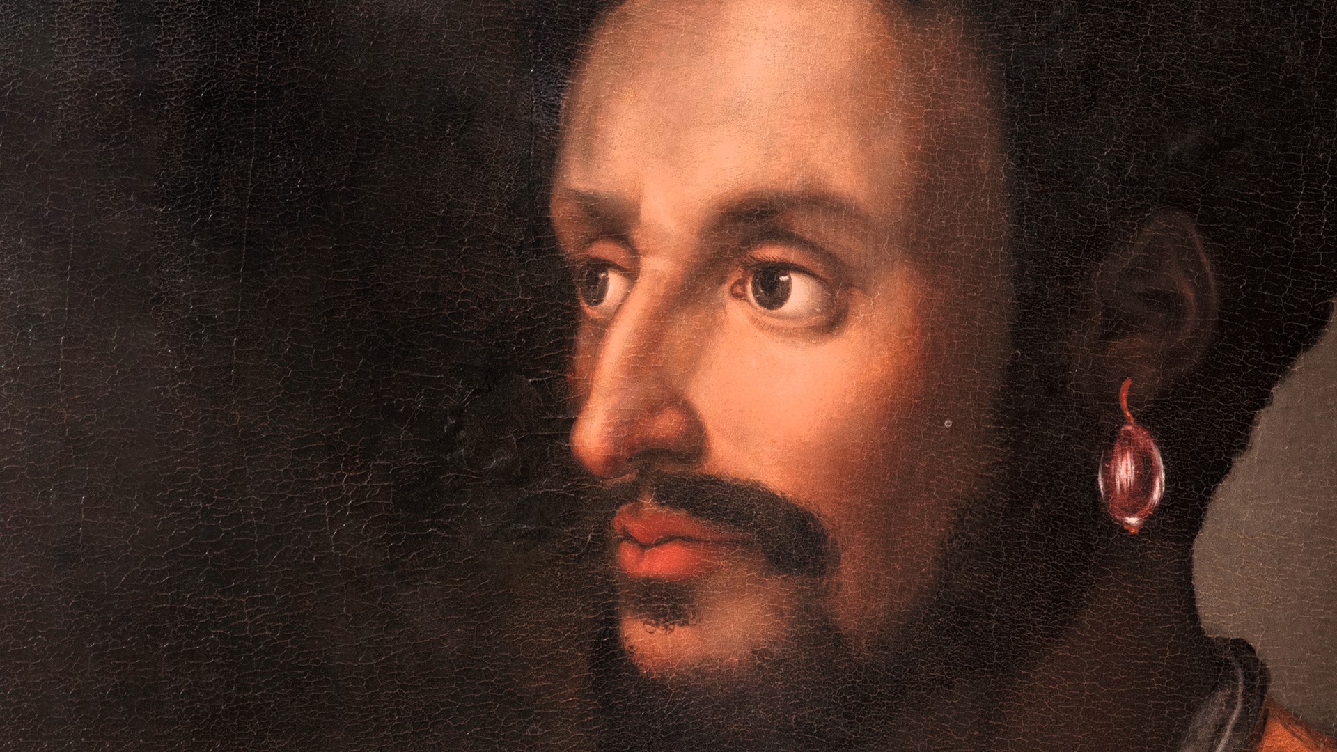 A detailed portrait painting depicting a bearded man with a focused expression, wearing a single red earring, set against a dark, textured background.