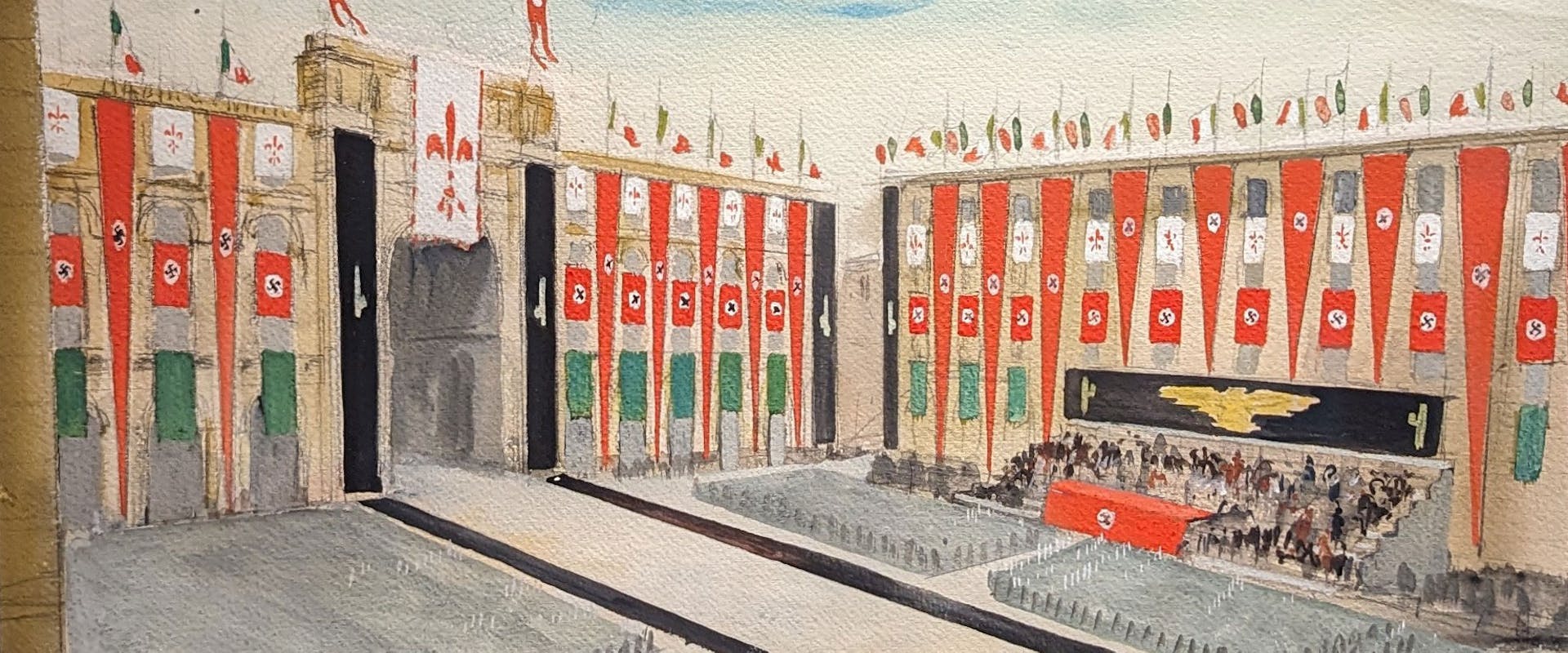 Un dipinto raffigura una grande piazza con bandiere e simboli che adornano gli edifici, una grande folla organizzata in file ordinate, e un palco centrale decorato su cui sono presenti figure.