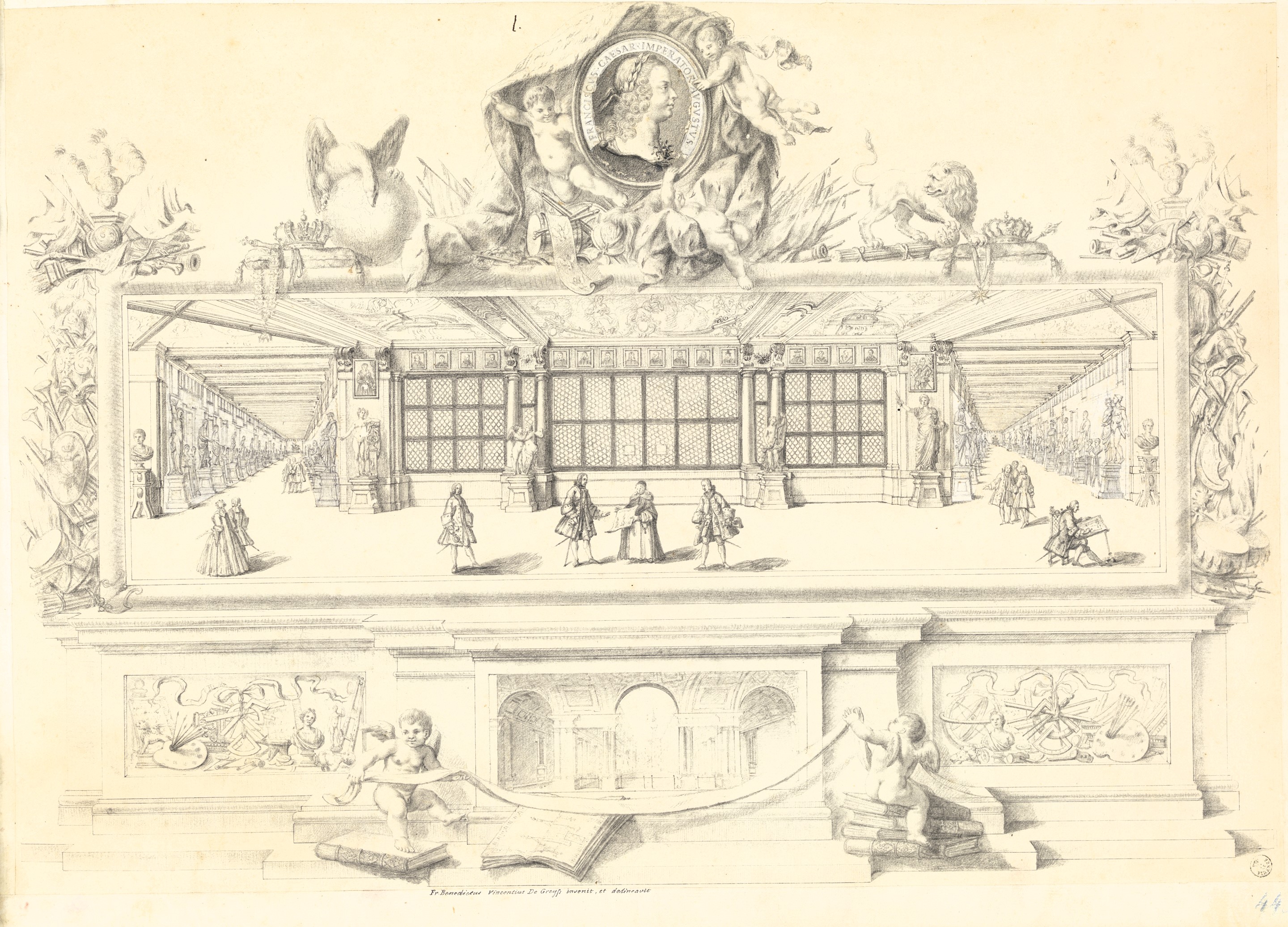 Una squisita illustrazione d'epoca mostra una sala da ballo decorata, caratterizzata da intricati dettagli architettonici, figure umane in abiti storici che danzano, e ornamenti scultorei che incorniciano la scena.