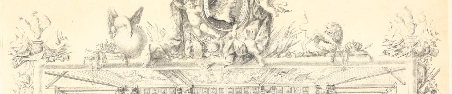 Inventario Figurato De Greyss, GDS Una squisita illustrazione d'epoca mostra una sala da ballo decorata, caratterizzata da intricati dettagli architettonici, figure umane in abiti storici che danzano, e ornamenti scultorei che incorniciano la scena.