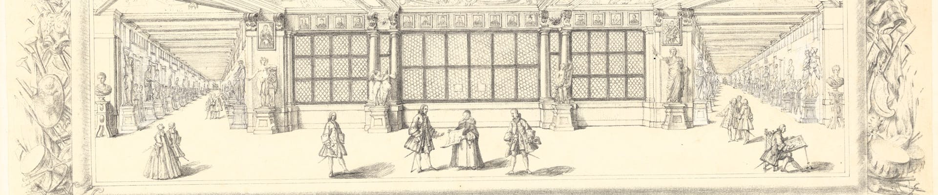 Inventario Figurato De Greyss, GDS A detailed architectural sketch depicts an ornate interior space with intricately designed ceilings, sculptures, and adorned columns, featuring elegantly dressed figures engaged in conversation or leisurely activities, highlighting the grandeur and opulence of classic architectural design.