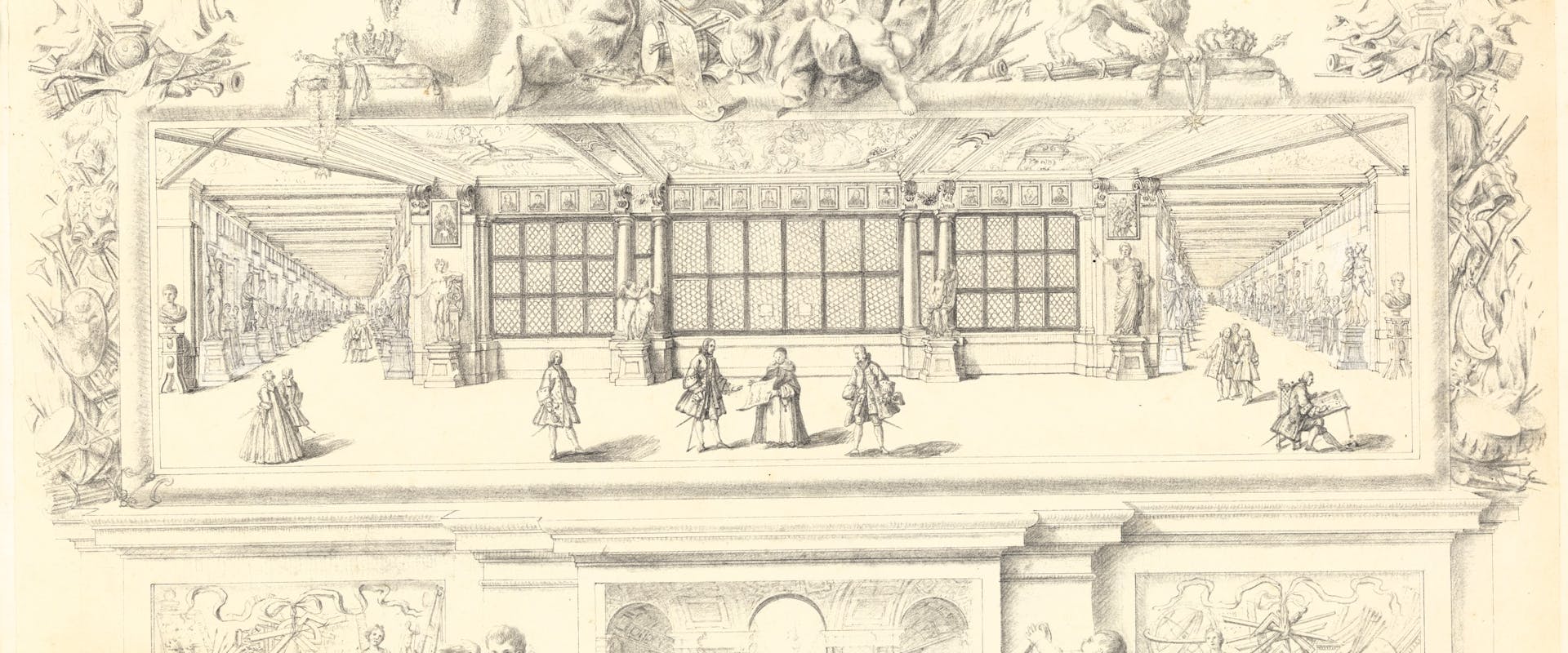 Inventario Figurato De Greyss, GDS A detailed architectural sketch depicts an ornate interior space with intricately designed ceilings, sculptures, and adorned columns, featuring elegantly dressed figures engaged in conversation or leisurely activities, highlighting the grandeur and opulence of classic architectural design.