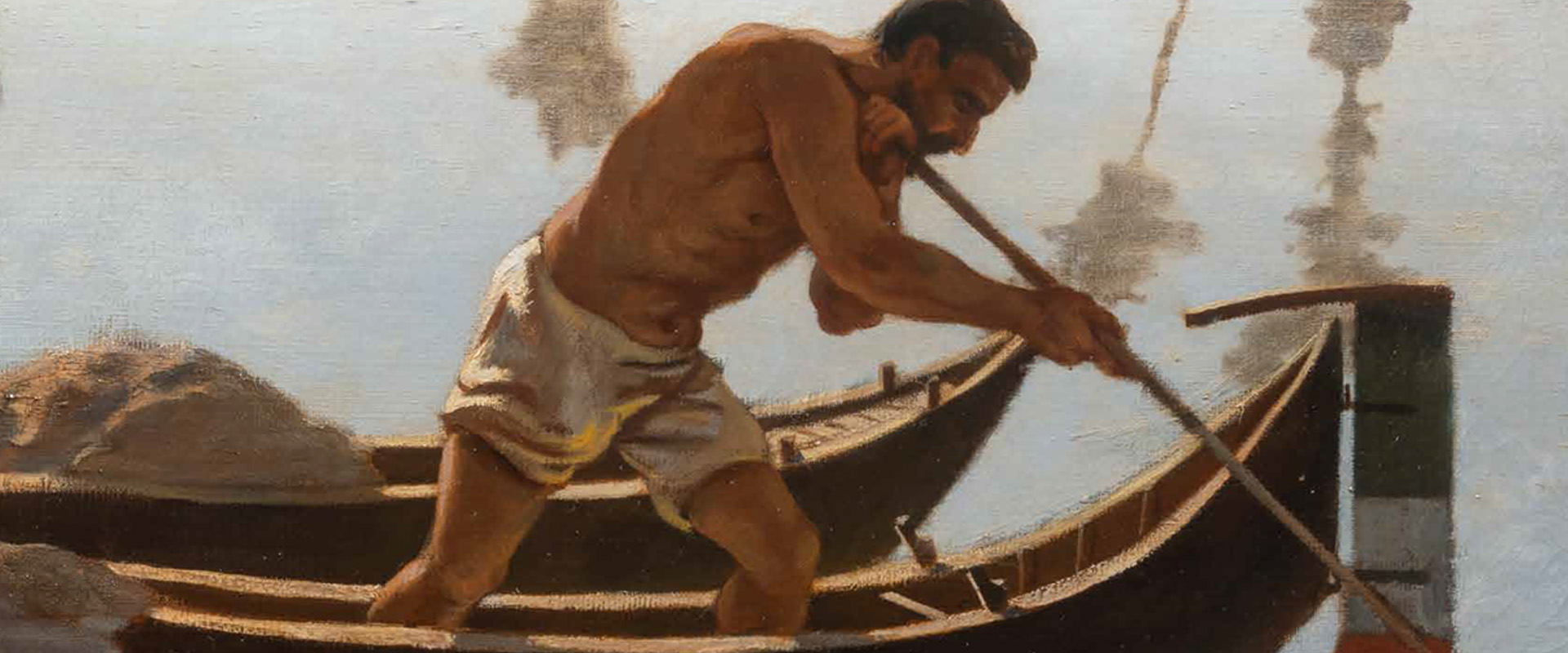 A muscular man in shorts energetically pushes a wooden boat with an oar on a calm river, surrounded by reflections of clouds in the water, embodying rugged labor and serene nature.
