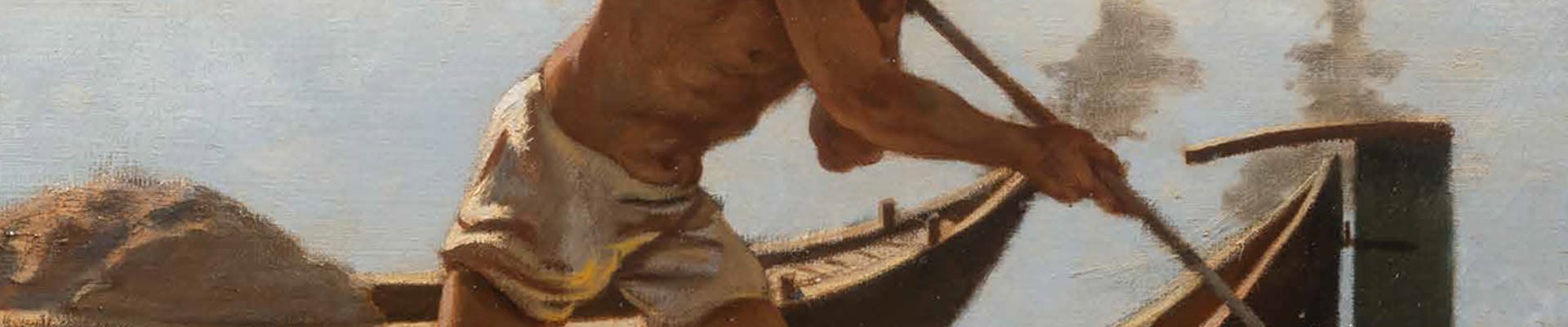 A muscular man in shorts energetically pushes a wooden boat with an oar on a calm river, surrounded by reflections of clouds in the water, embodying rugged labor and serene nature.