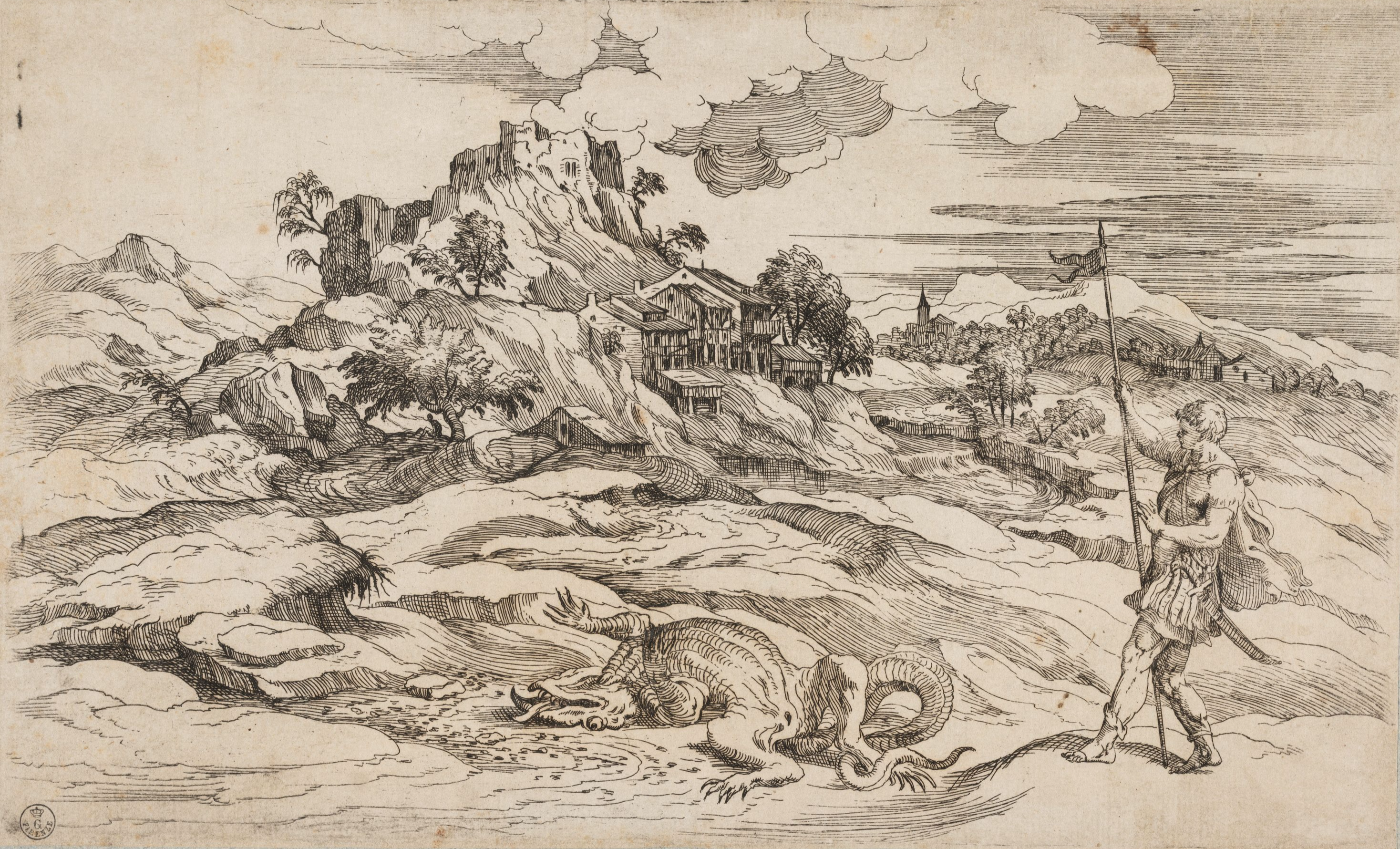Giovanni Battista D'Angolo known as del Moro, from Titian, Landscape with Saint Theodore and the Dragon, etching, 1560-70