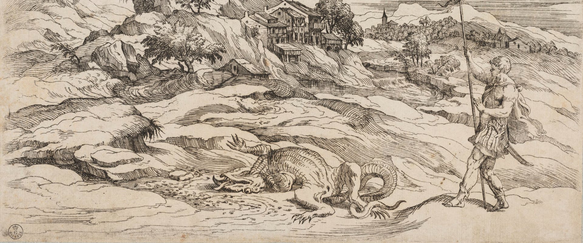 Giovanni Battista D'Angolo known as del Moro, from Titian, Landscape with Saint Theodore and the Dragon, etching, 1560-70 Giovanni Battista D'Angolo known as del Moro, from Titian, Landscape with Saint Theodore and the Dragon, etching, 1560-70