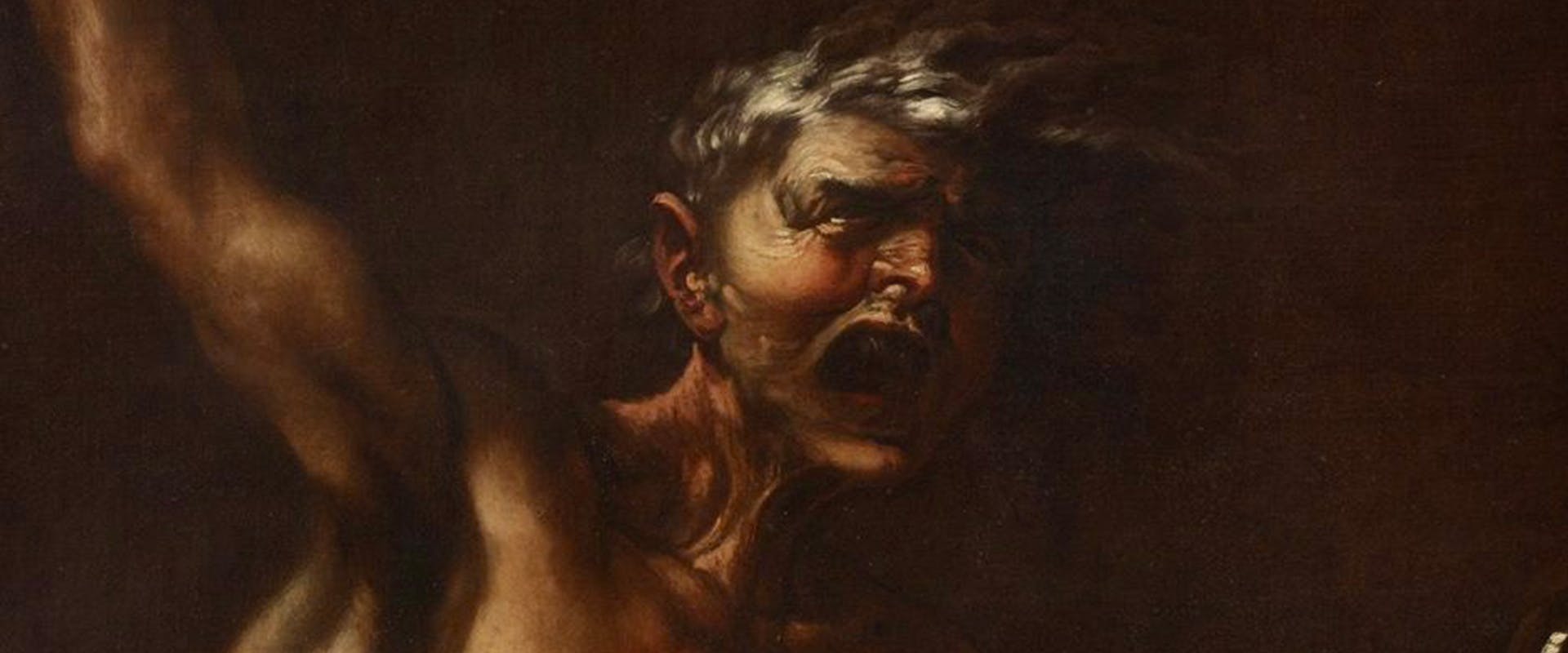 Un'opera d'arte raffigurante una figura surreale con un'espressione intensa e dinamica, circondata da un'oscurità avvolgente con pennellate drammatiche.