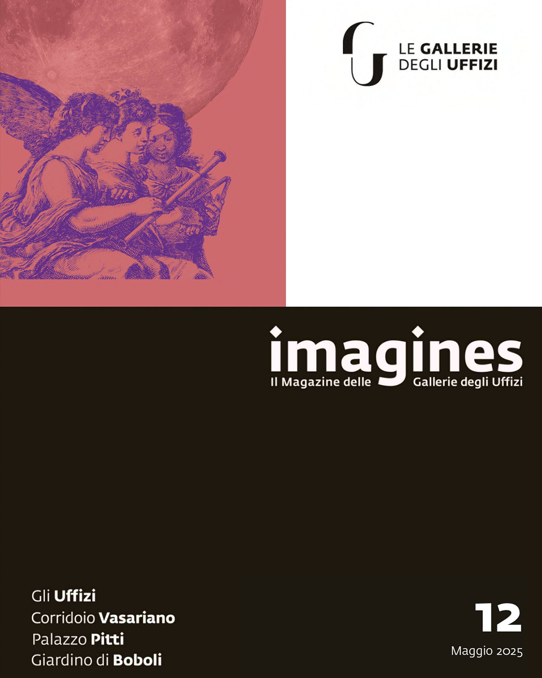 Cover of "Imagines" magazine, May 2025 edition, featuring an artwork of two figures on the top half and text detailing sections on the Uffizi, Vasari Corridor, Palazzo Pitti, and Boboli Gardens on a dark background.