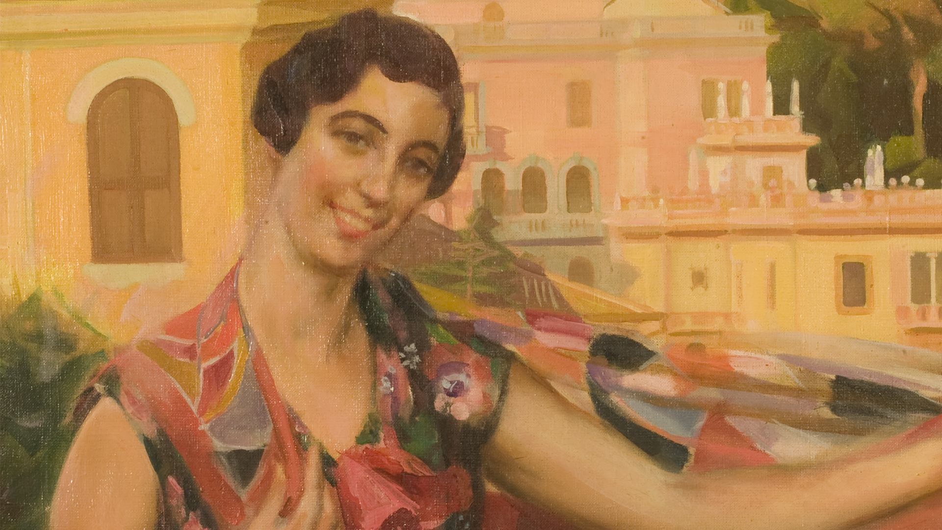 Dipinto di una donna sorridente con abiti colorati e sfondo di un edificio storico in stile europeo, probabilmente una villa, con dettagli architettonici intricati.