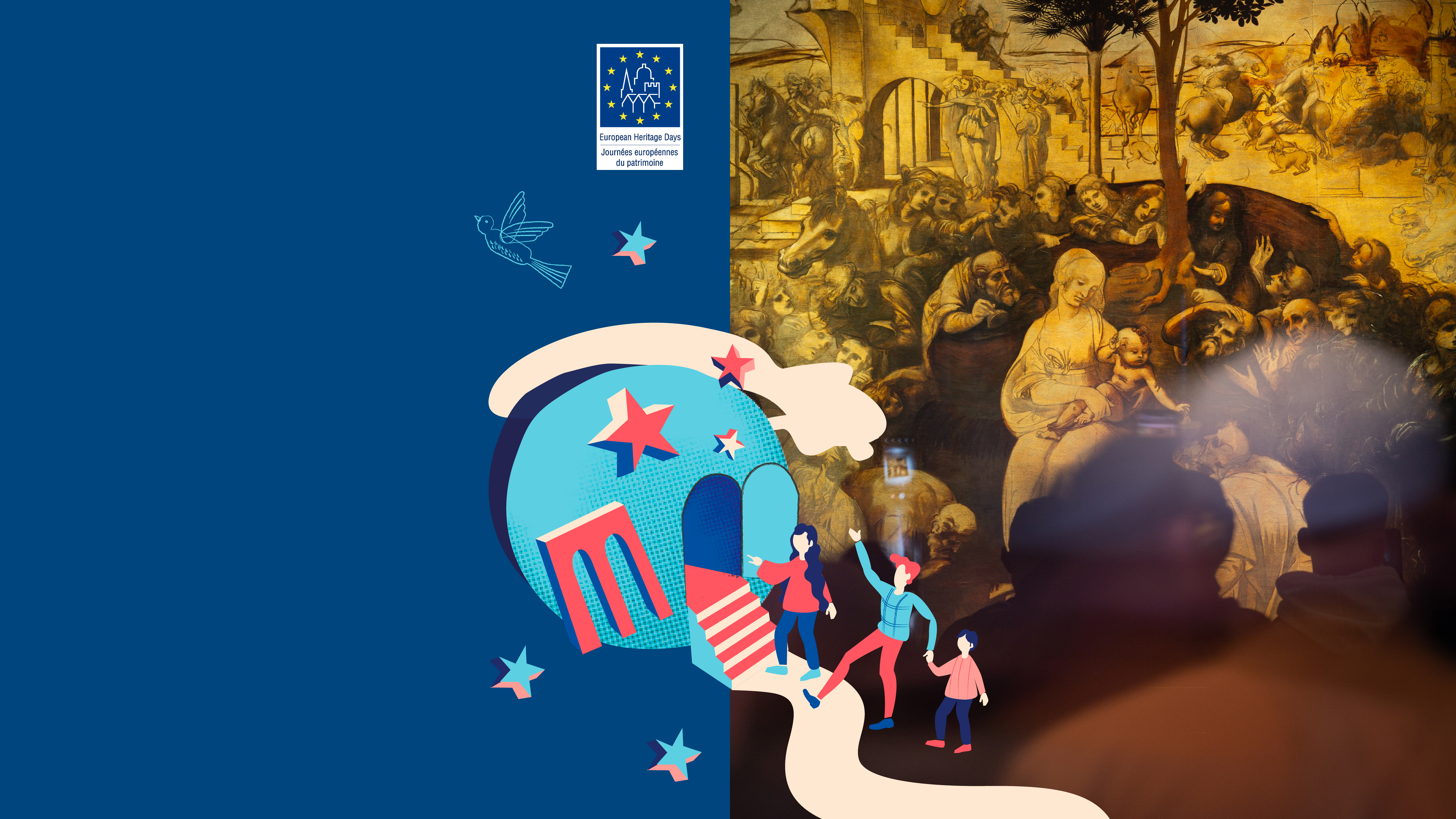 L'immagine presenta una fusione tra un'illustrazione moderna con persone stilizzate che salgono le scale verso un portale blu, e un dipinto antico che raffigura una scena religiosa con figure storiche, evidenziando il contrasto tra arte classica e contemporanea.