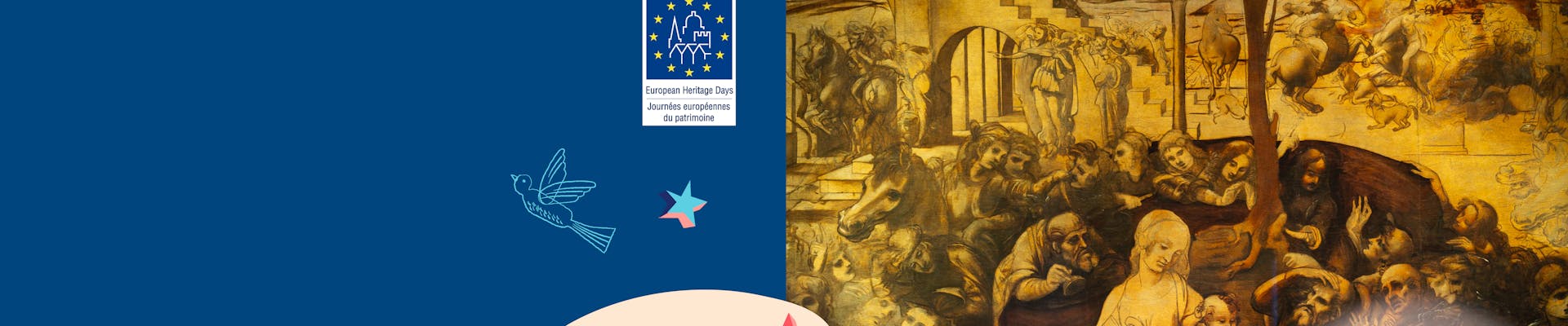 L'immagine presenta una fusione tra un'illustrazione moderna con persone stilizzate che salgono le scale verso un portale blu, e un dipinto antico che raffigura una scena religiosa con figure storiche, evidenziando il contrasto tra arte classica e contemporanea.