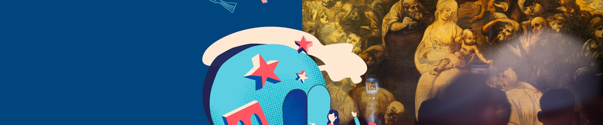 On the left, a stylized illustration with vibrant colors depicts a family entering a historical site, accented with stars and a bird symbolizing European heritage, while on the right, a photograph showcases an intricately detailed religious painting featuring multiple figures in a classical setting, emphasizing European cultural history.